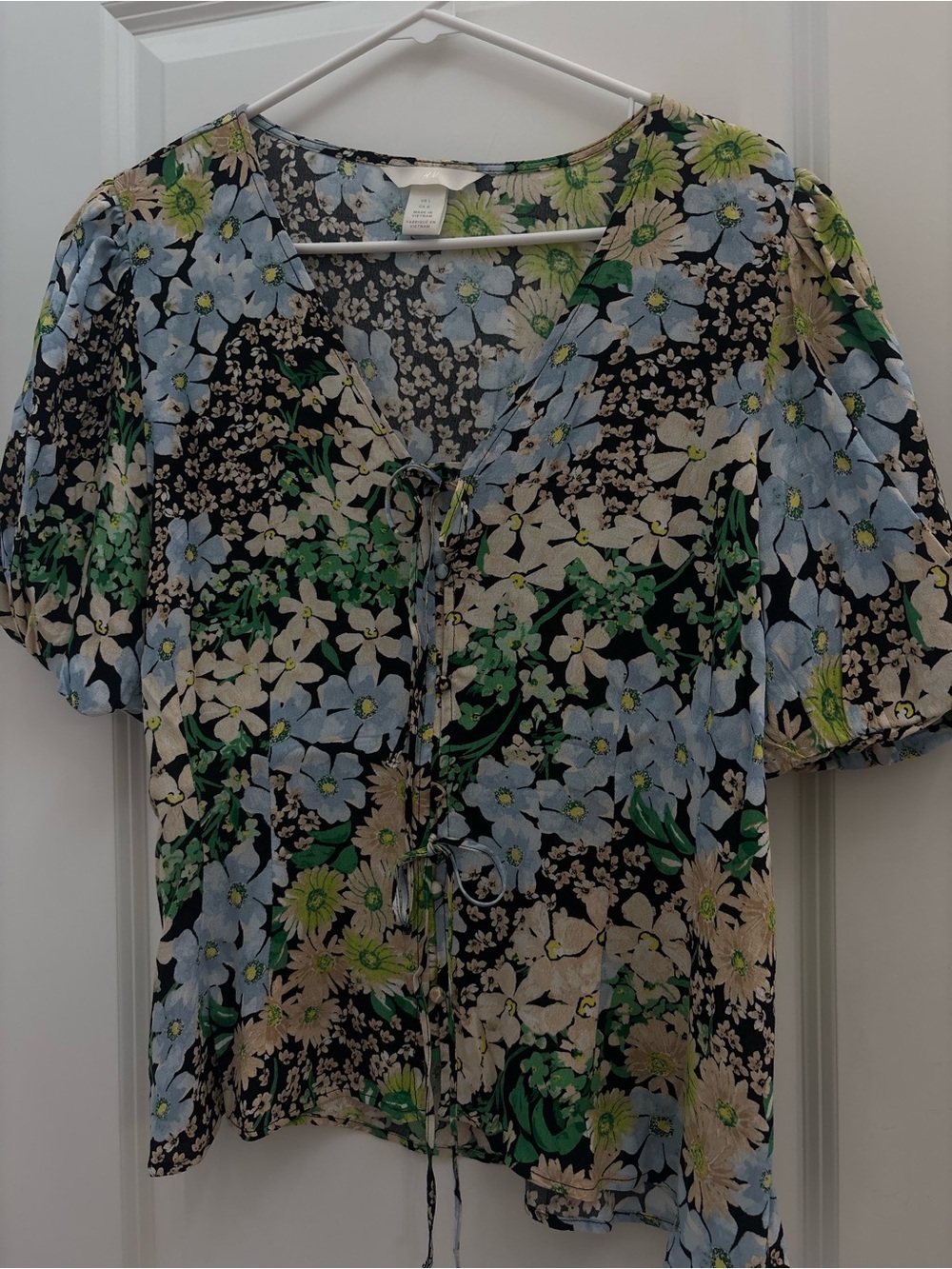 H&M Black Floral Tie-Front Blouse with Blue & Green